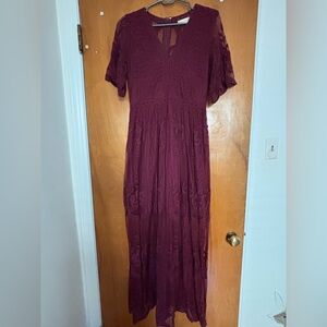 Full length burgundy dress with floral lace overlay